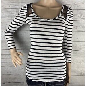Kirra Shirt Juniors XS Black White Striped Lace Accent Ruched Sleeves Ballet Top
